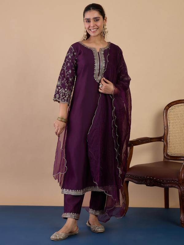 VP 9844 P Women’s Silk with Embroidery Straight Kurta Pant with Dupatta Set